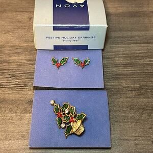 Avon festive holiday earrings Holly leaf + Matching tree brooch. Christmas